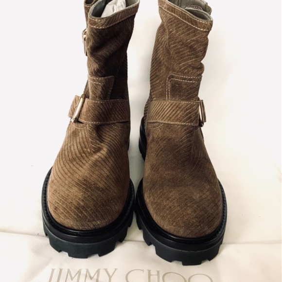 Jimmy Choo Leather Beige Clay Pull On Flat Ankle Suede Corduroy Buckle Boots - Picture 3 of 13